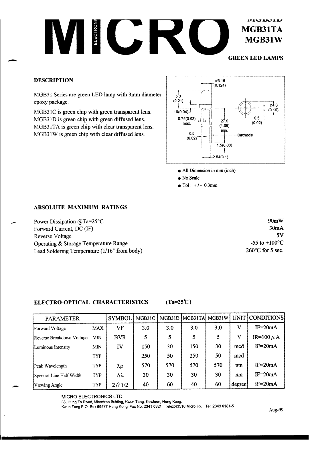 MICRO MGB31TA, MGB31W, MGB31C, MGB31D Datasheet