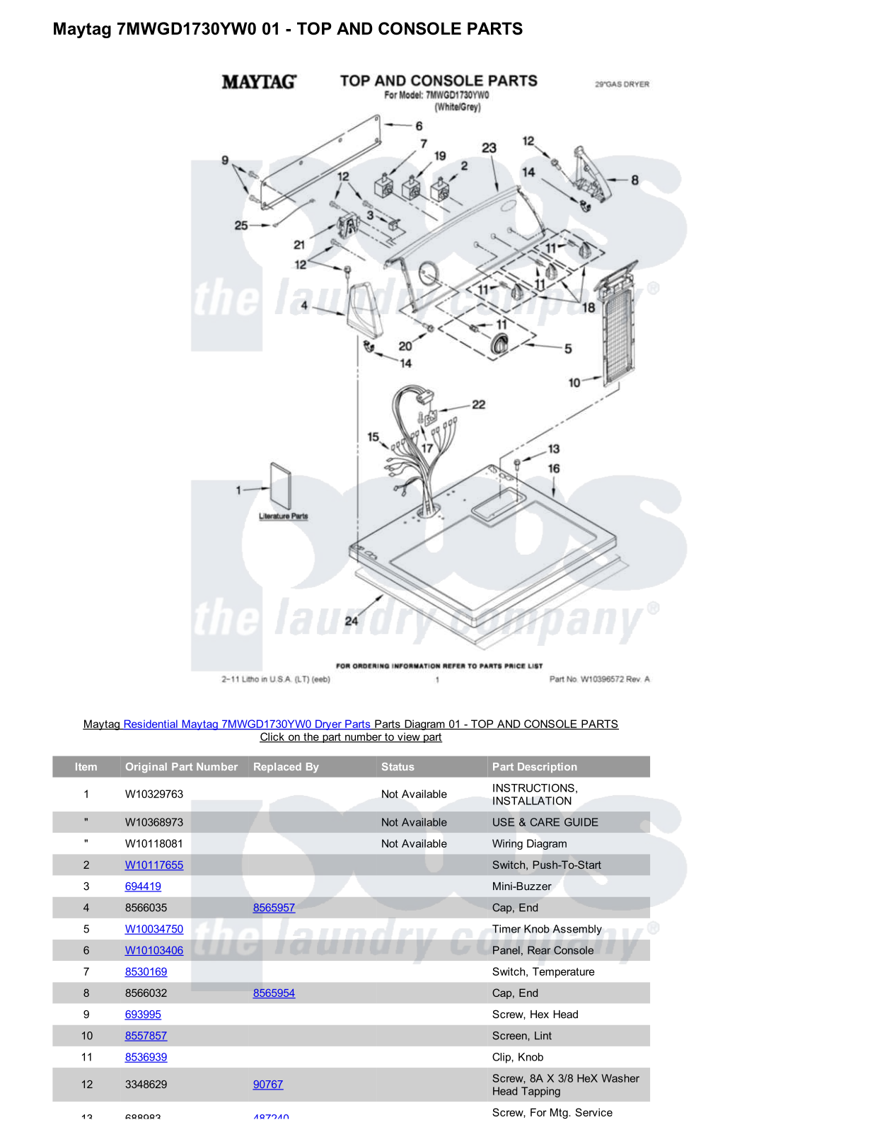 Maytag 7MWGD1730YW0 Parts Diagram