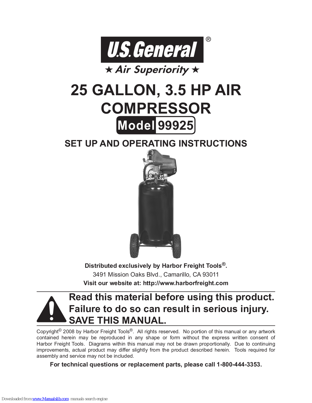 U.S. General 99925 Set Up And Operating Instructions Manual