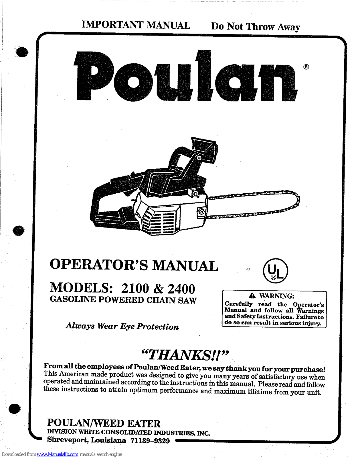 Poulan Pro 2400, 1992-05 Operator's Manual