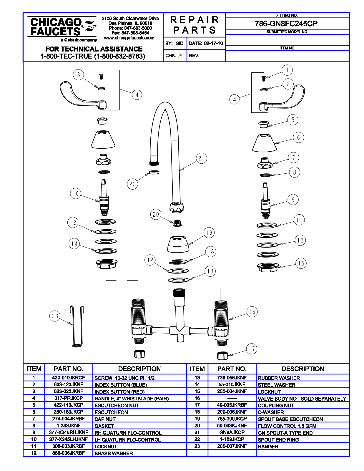 Chicago Faucet 786-GN8FC245CP Parts List