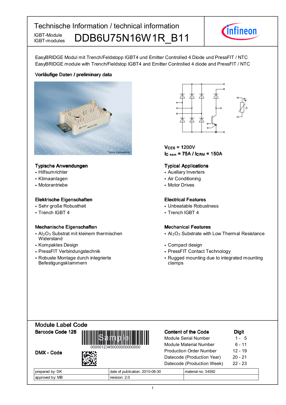 Infineon DDB6U75N16W1R-B11 Data Sheet