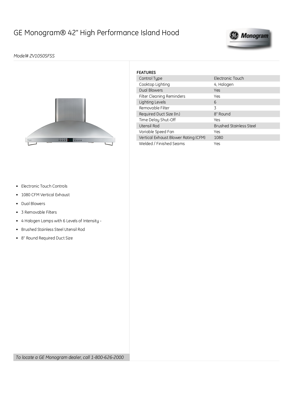 Monogram ZV1050SFSS PRODUCT SPECIFICATIONS