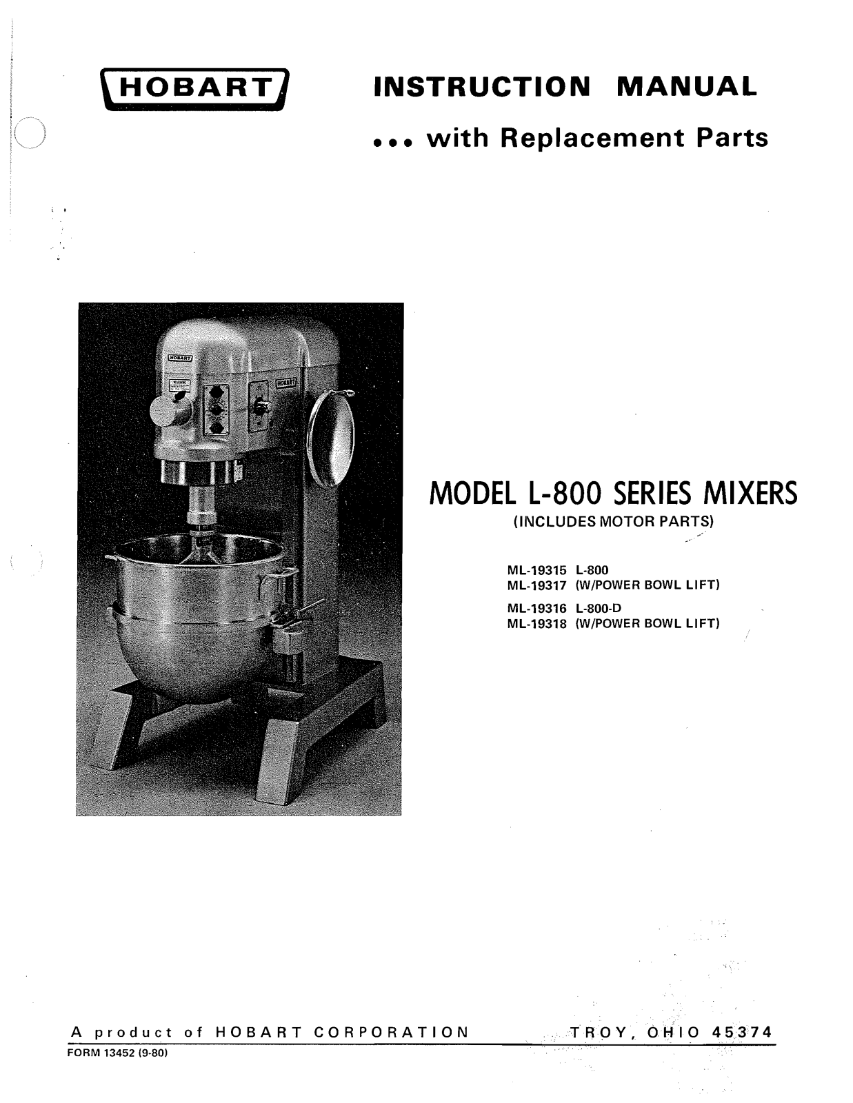 Hobart Food Machines L800D Installation  Manual