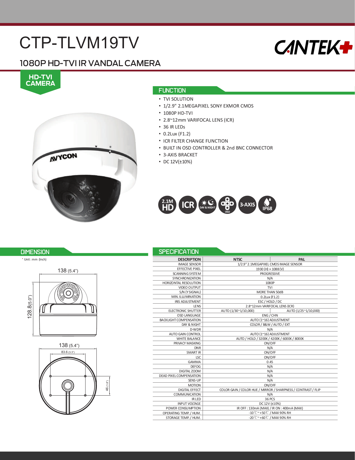 Cantek Plus CTP-TLVM19TV Specsheet