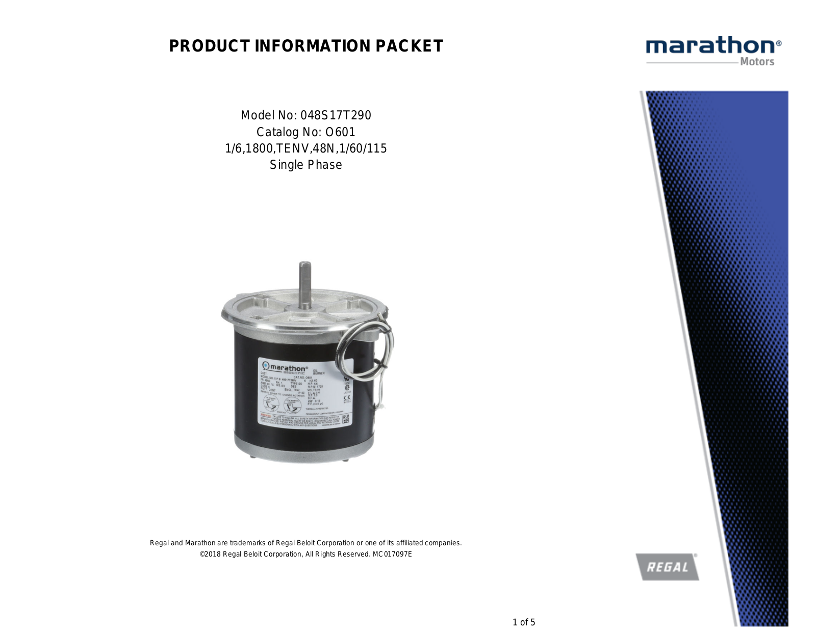 Marathon Electric O601 Product Information Packet