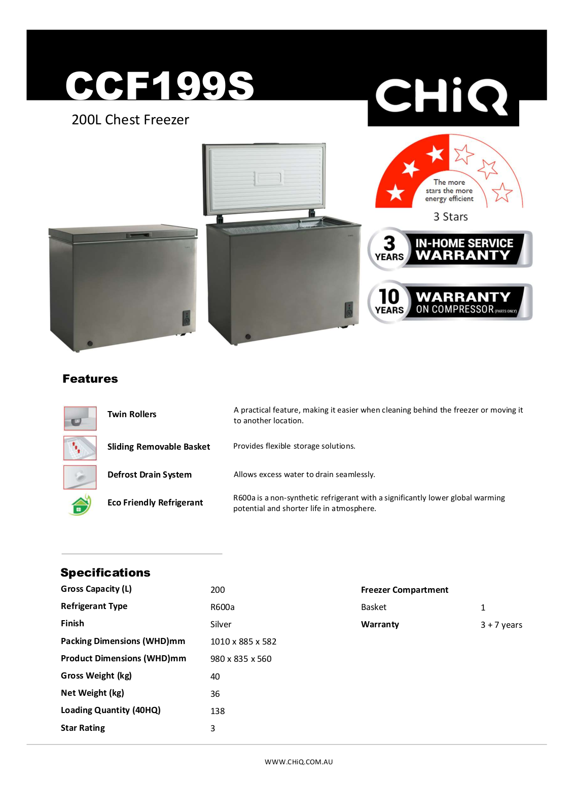 CHiQ CCF199S Specifications Sheet