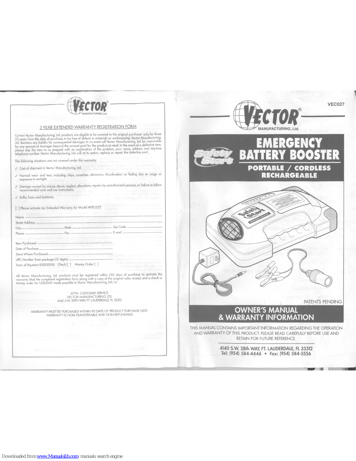 Vector Safety Start VEC027 Owner's Manual & Warranty Information