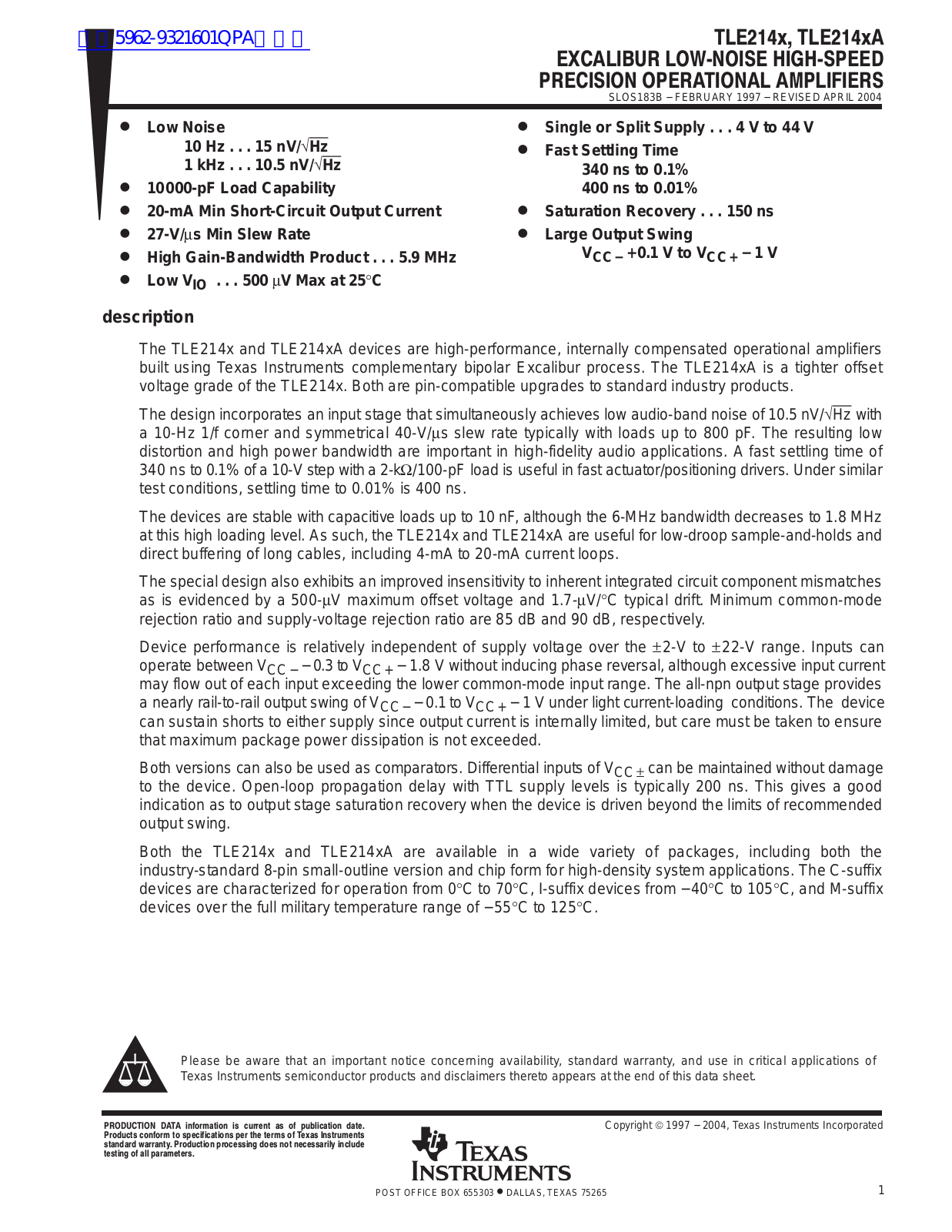 TEXAS INSTRUMENTS TLE214X Technical data