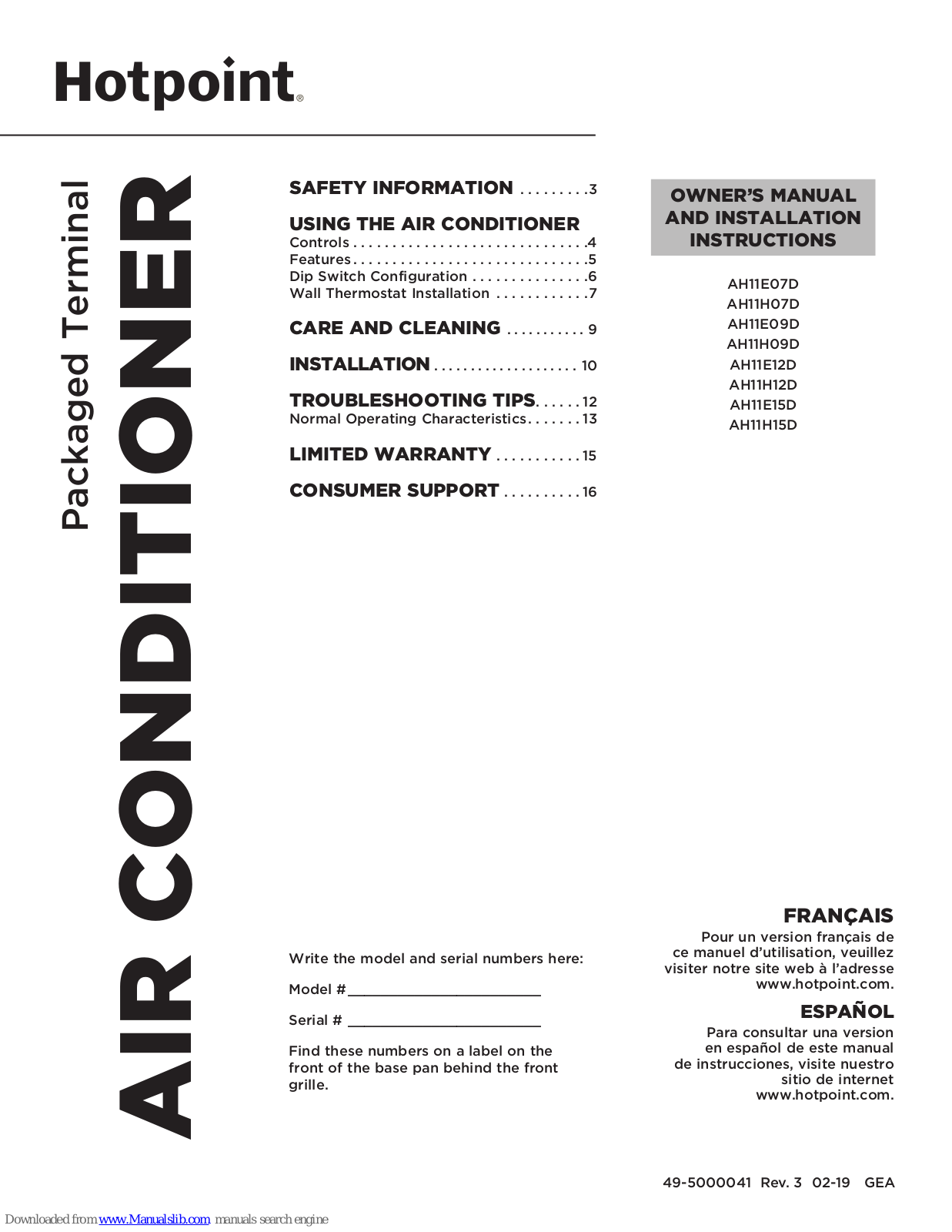 Hotpoint AH11E07D, AH11H07D, AH11H09D, AH11E09D, AH11E12D Owner's Manual And Installation Instructions