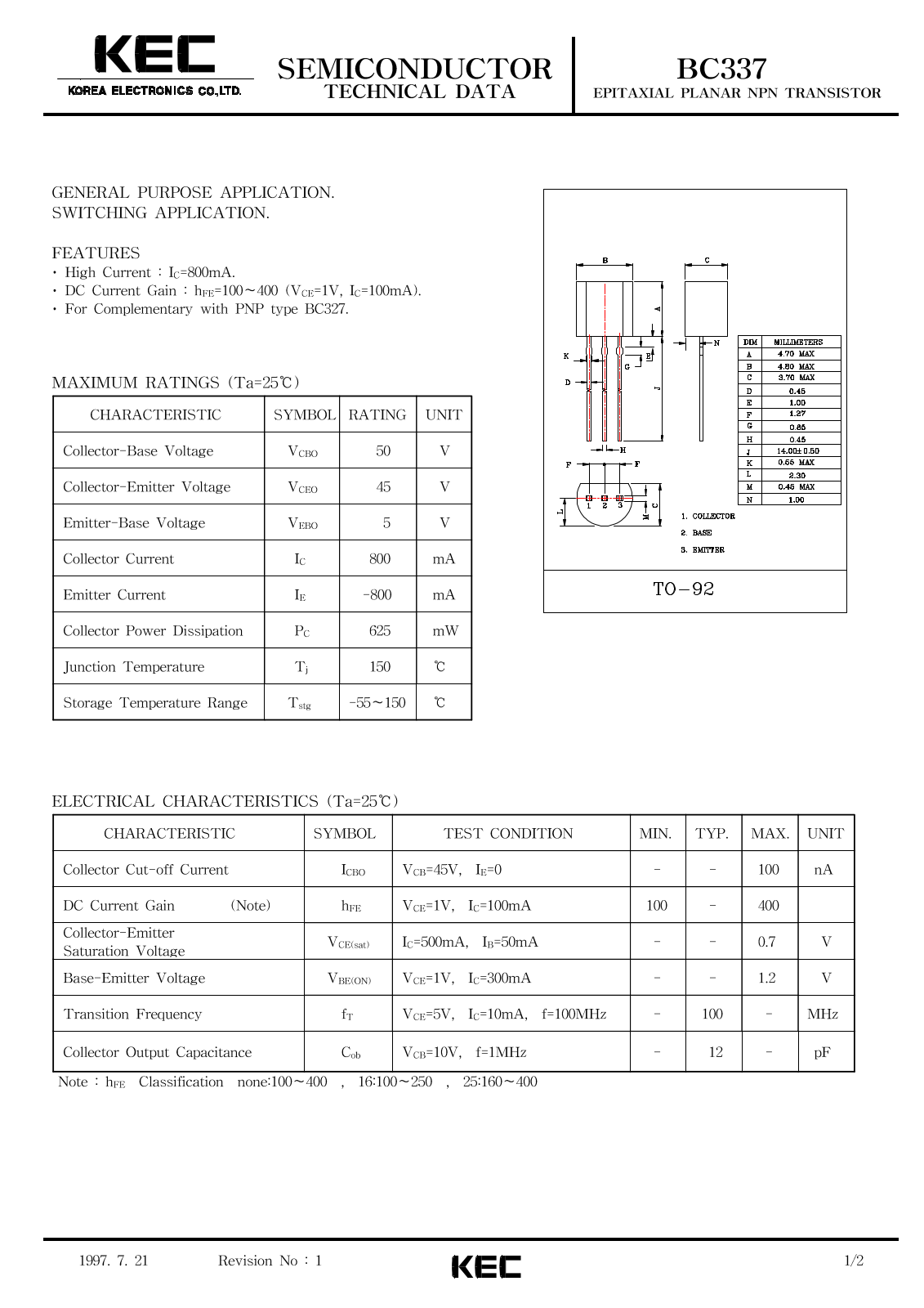 Korea Electronics Co  Ltd BC337 Datasheet