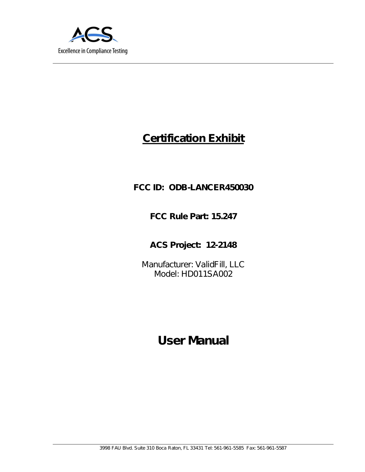 ValidFill LANCER450030 User Manual