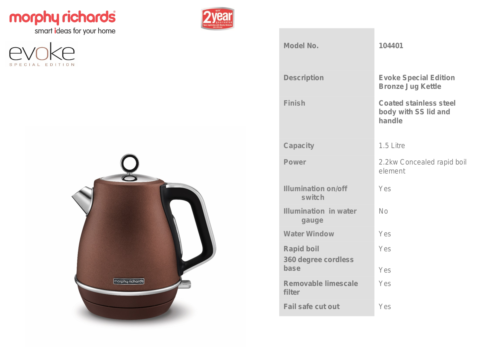 Morphy Richards 104401 Specifications Sheet