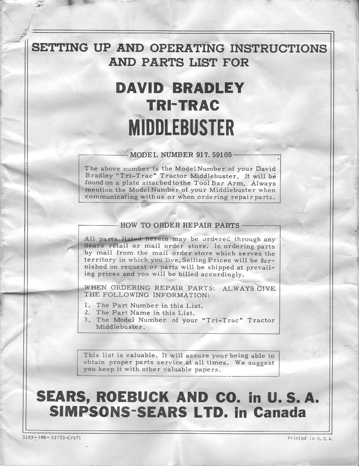 David Bradley 917.59105 Operating Instruction