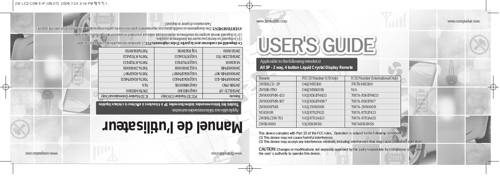 Compustar 2WSHLCD, 2WSSR-PRO, 2W9000FMR-433, 2W9000FMR-907, 2W8000FMR User's Manual