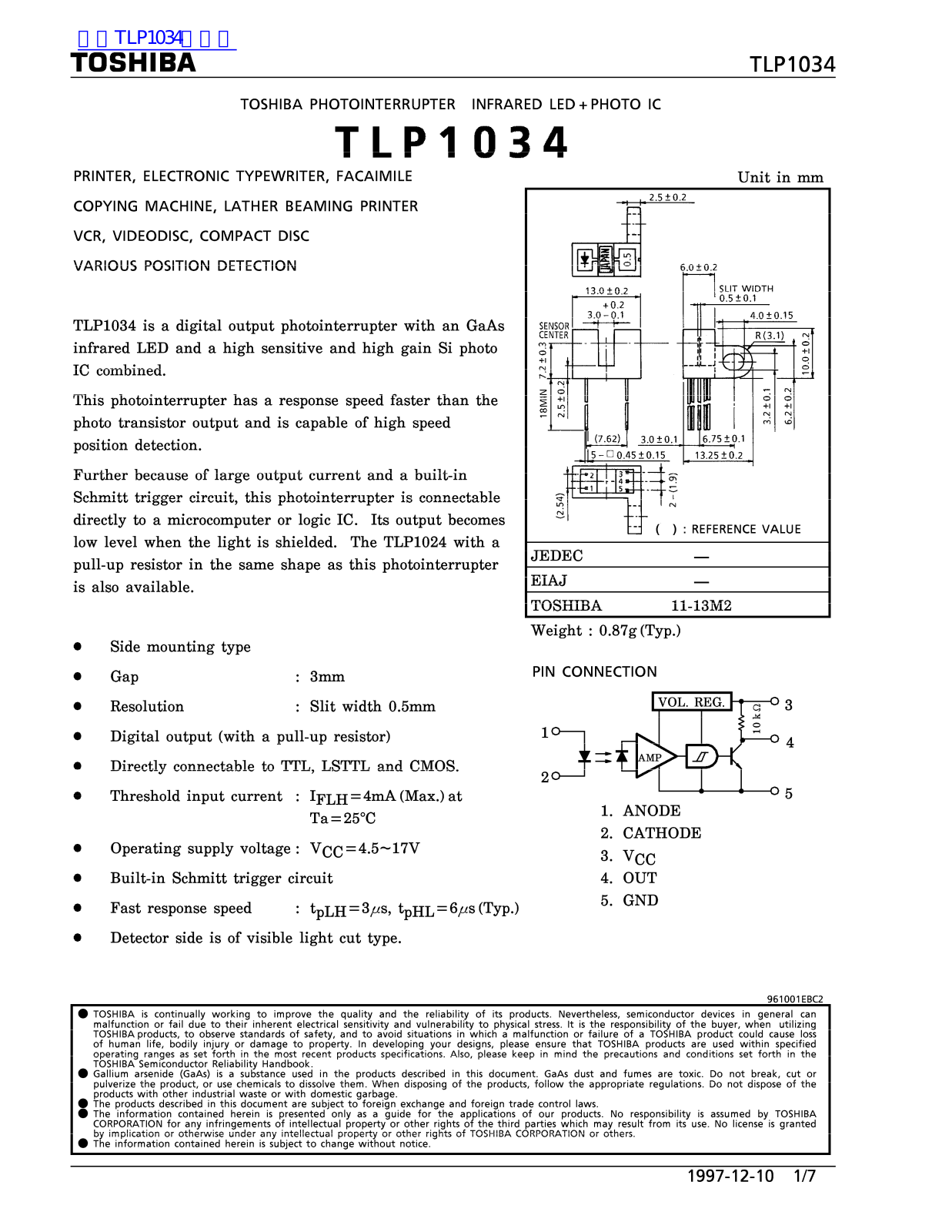 TOSHIBA TLP1034 Technical data