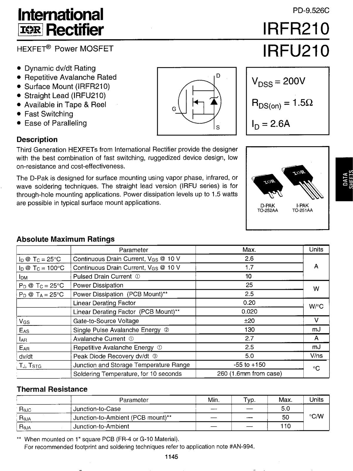 International Rectifier IRFU210, IRFR210 Datasheet