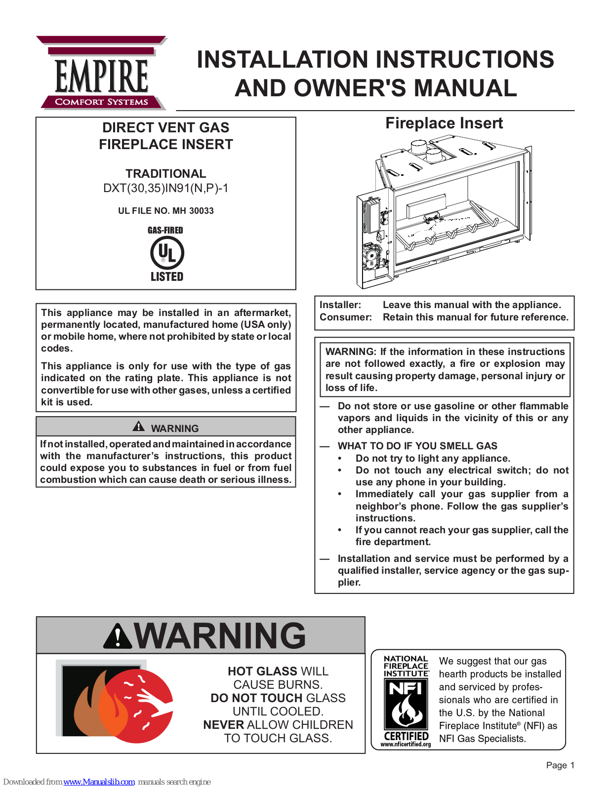 Empire Comfort Systems TRADITIONAL DXT30IN LP, TRADITIONAL DXT35IN LP, DXT30IN91N-1, DXT35IN91N-1, DXT30IN91P-1 Installation Instructions And Owner's Manual