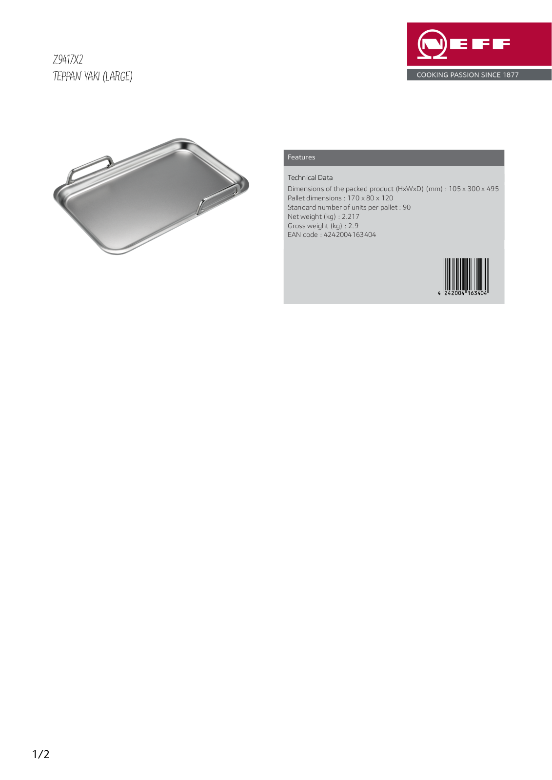 NEFF Z9417X2 Specifications Sheet