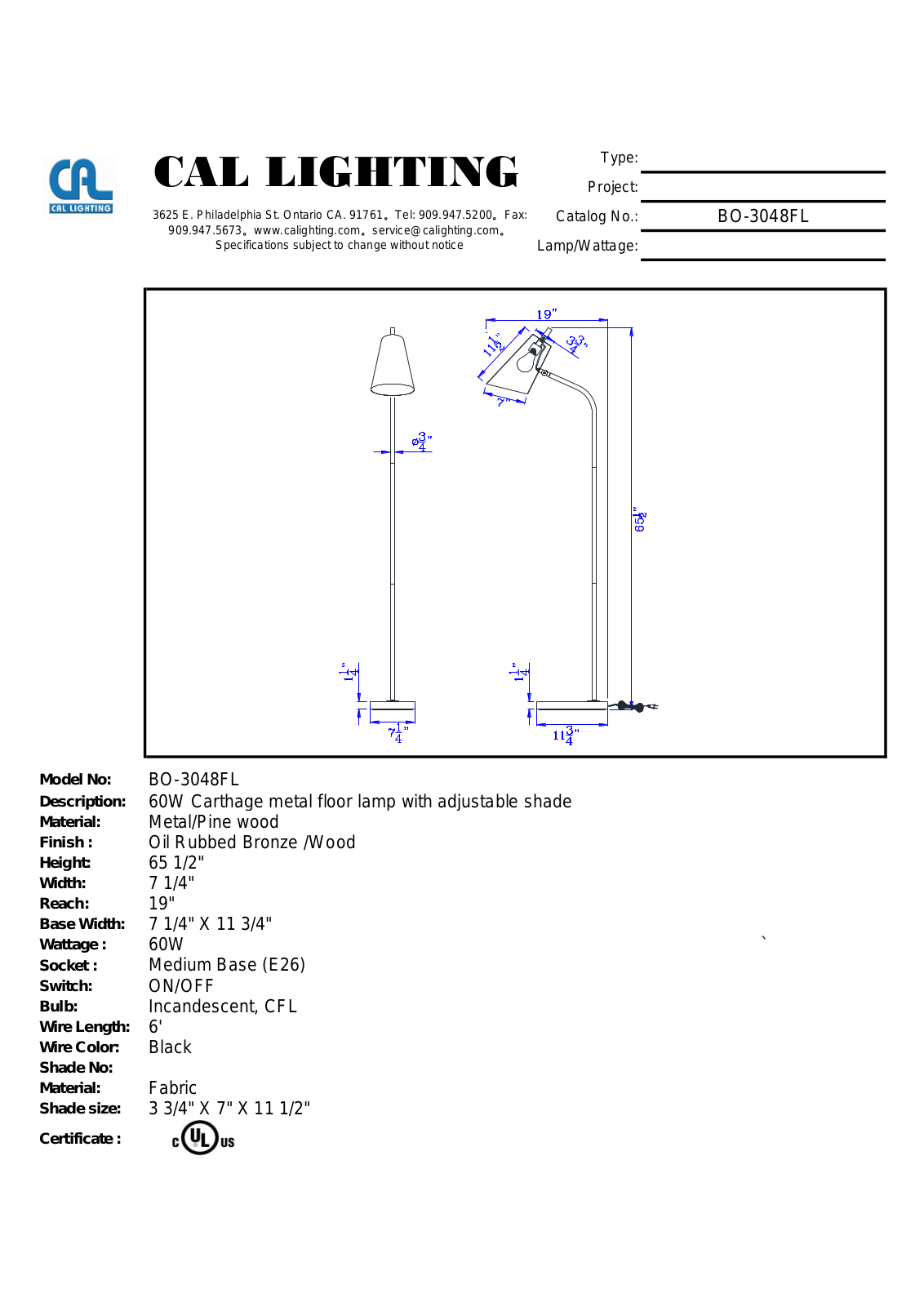 Cal Lighting BO-3048FL Datasheet - ManualMachine.com