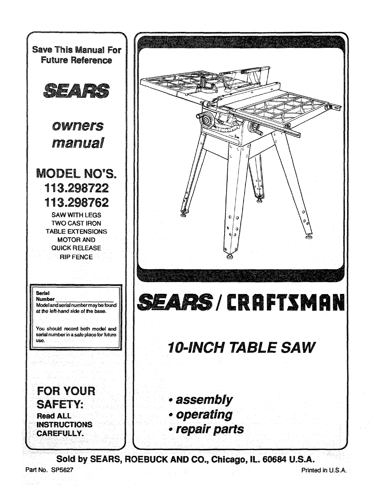 Craftsman 113298762, 113298722 Owner’s Manual