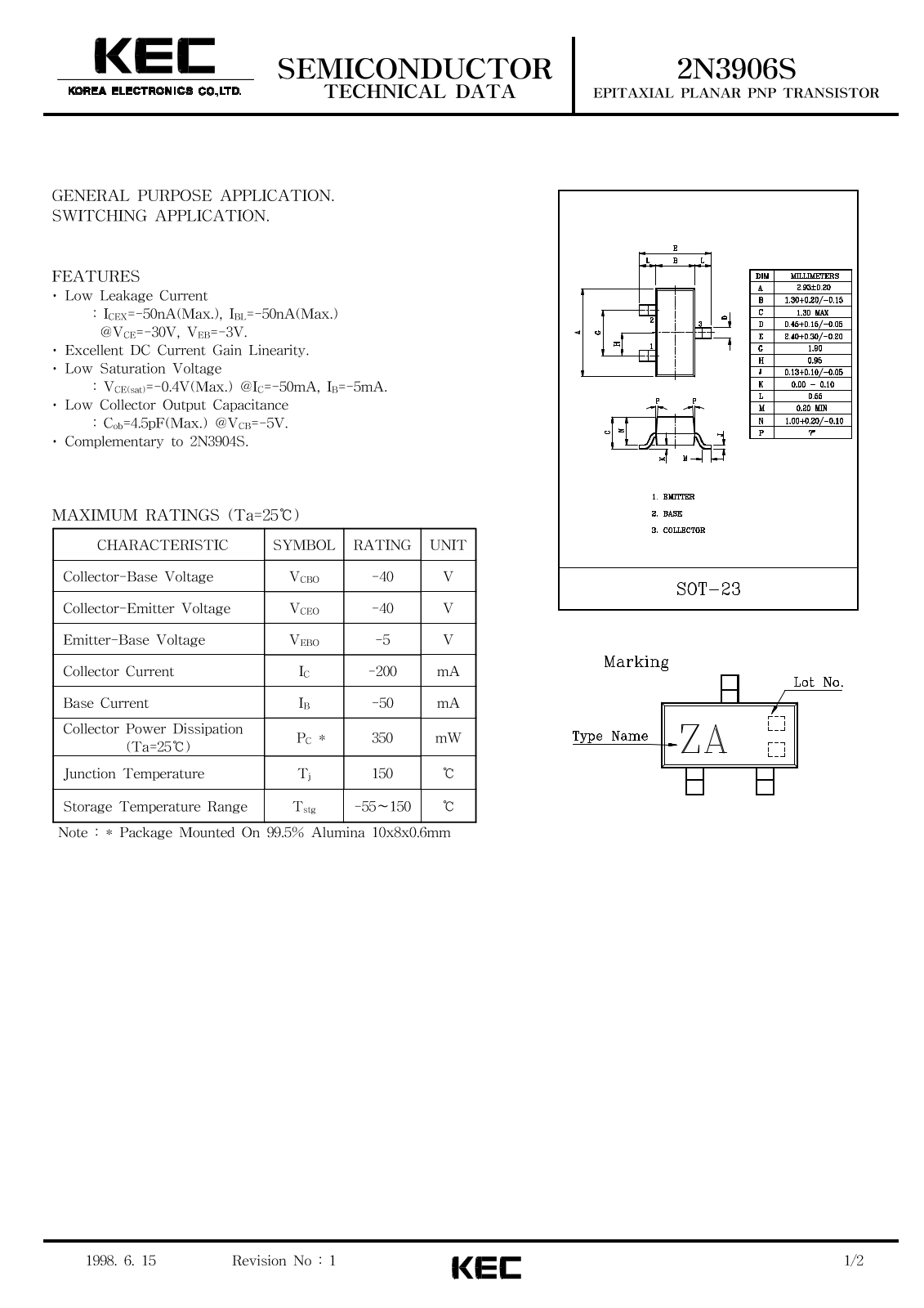 Korea Electronics Co  Ltd 2N3906S Datasheet