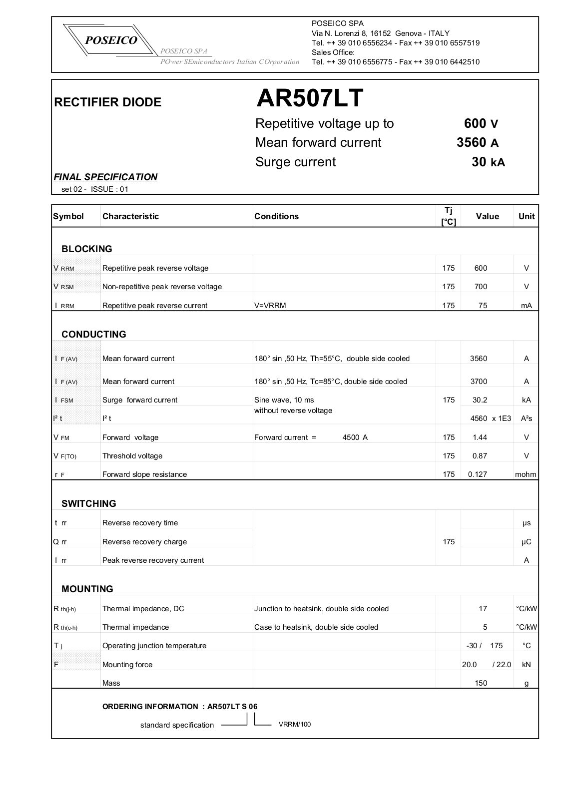 POSEICO AR507LTS06 Datasheet