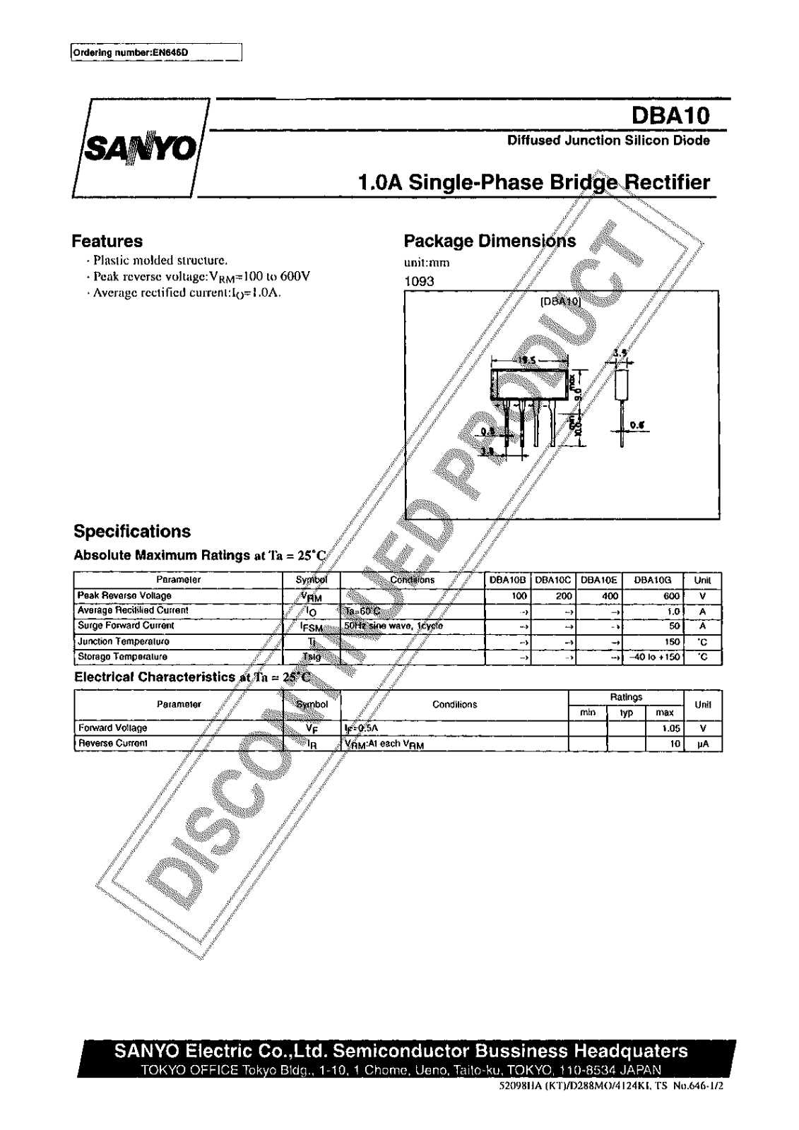 Sanyo DBA10 Specifications