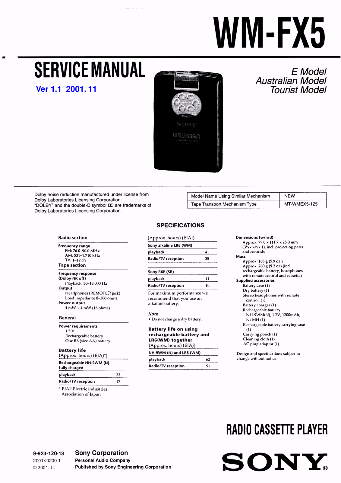 Sony WMFX-5 Service manual