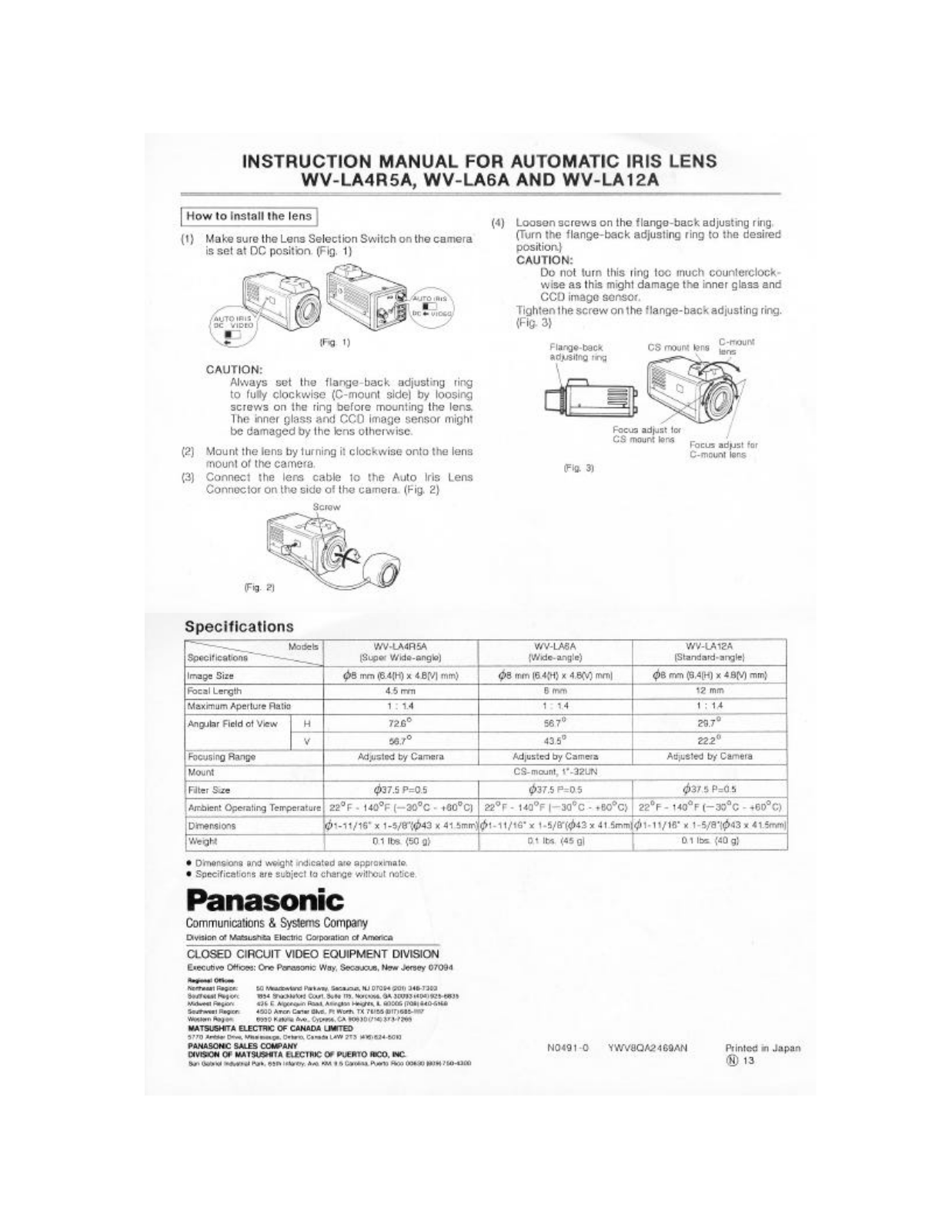 Panasonic WV-LA12A Operating Instructions