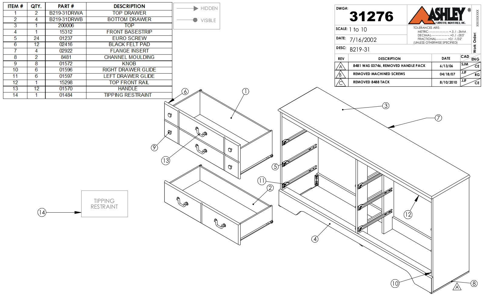 Ashley B21931 Part List