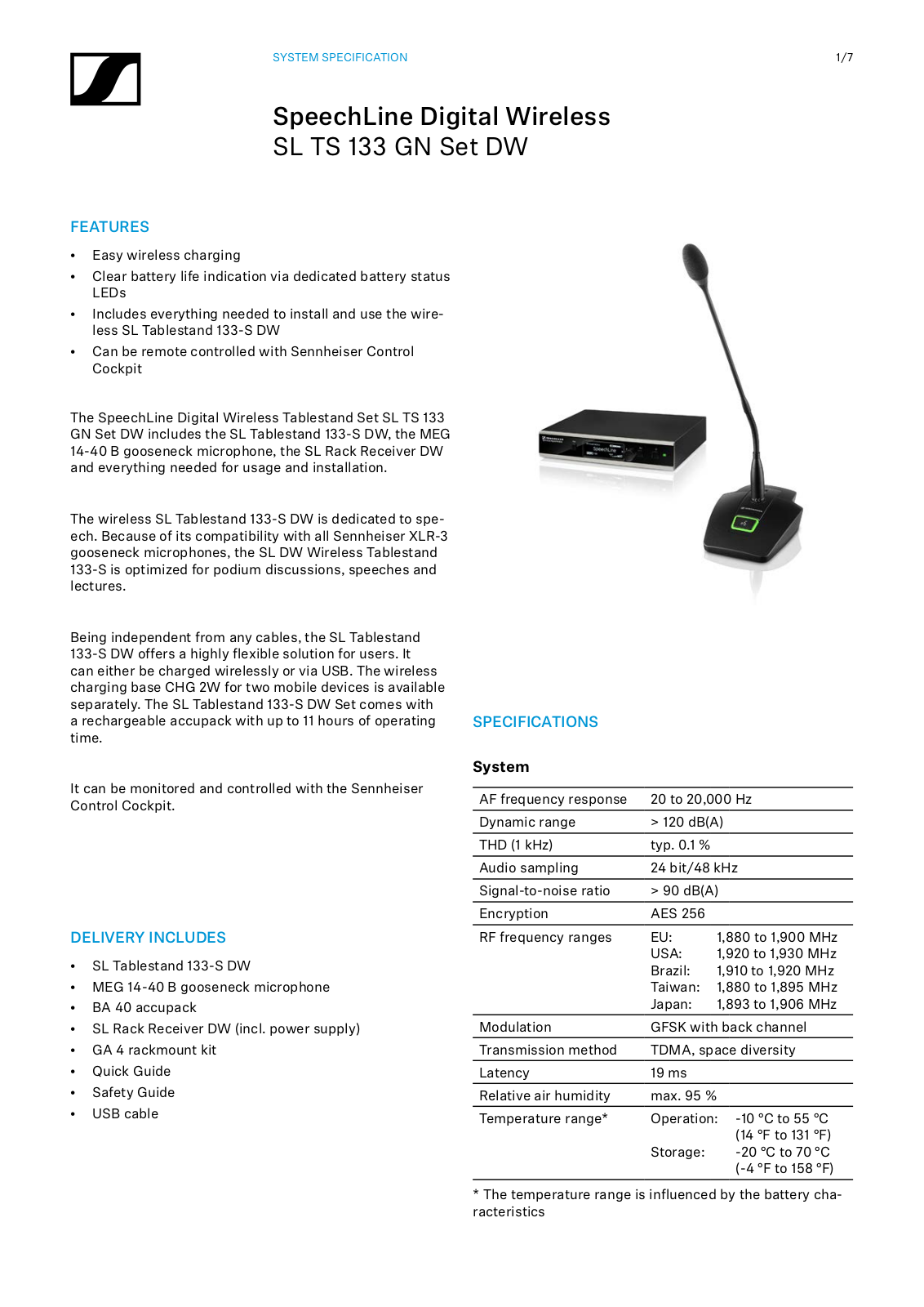 Sennheiser SL TS 133 GN Set DW-4-US Specifications