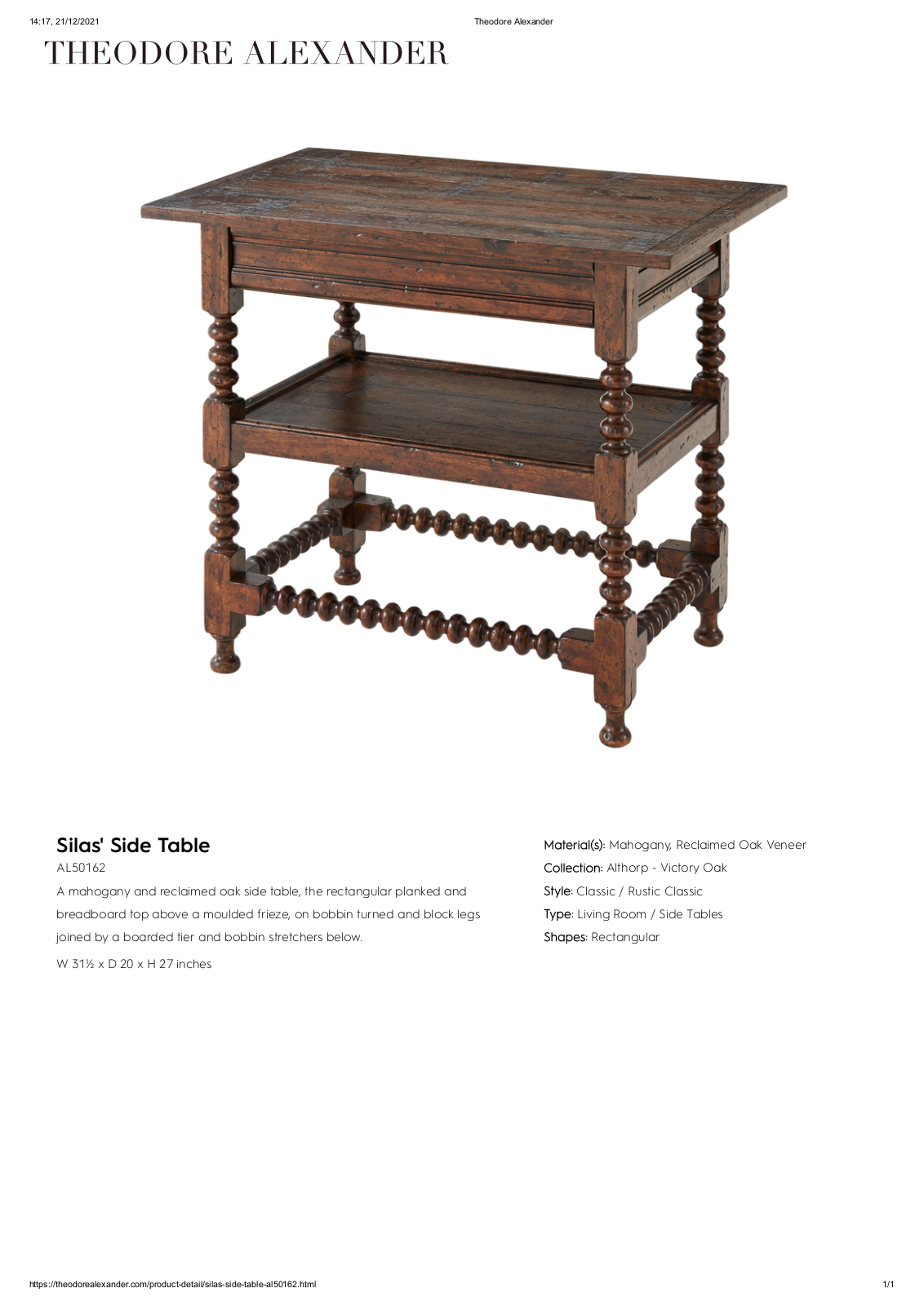 Theodore Alexander FPLJ1493 Specifications - ManualMachine.com