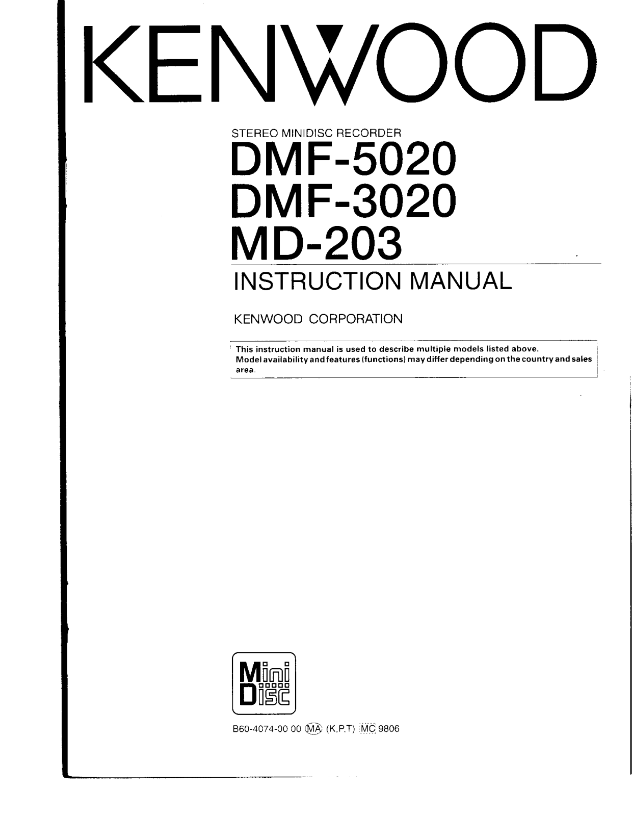 Kenwood DMF-3020, MD-203, DMF-5020 Owner's Manual