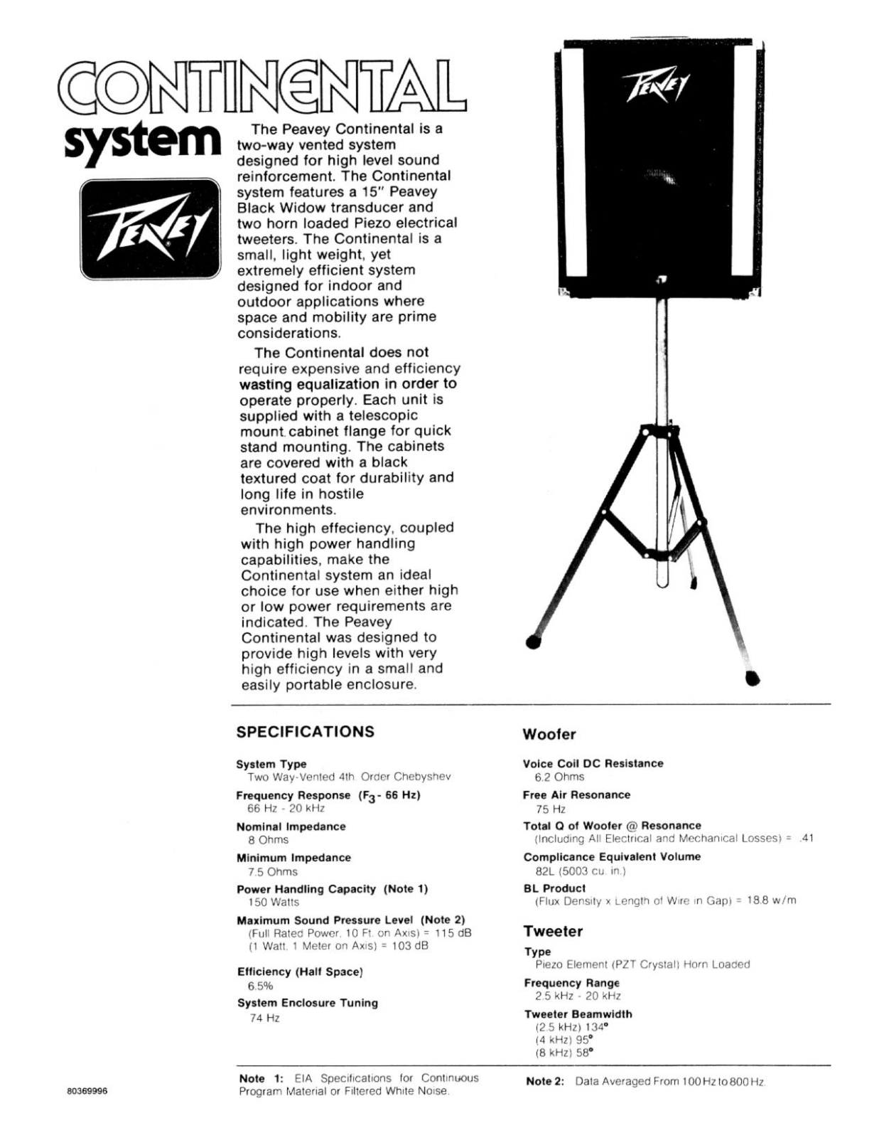 Peavey CONTINENTAL SYSTEM DATASHEET