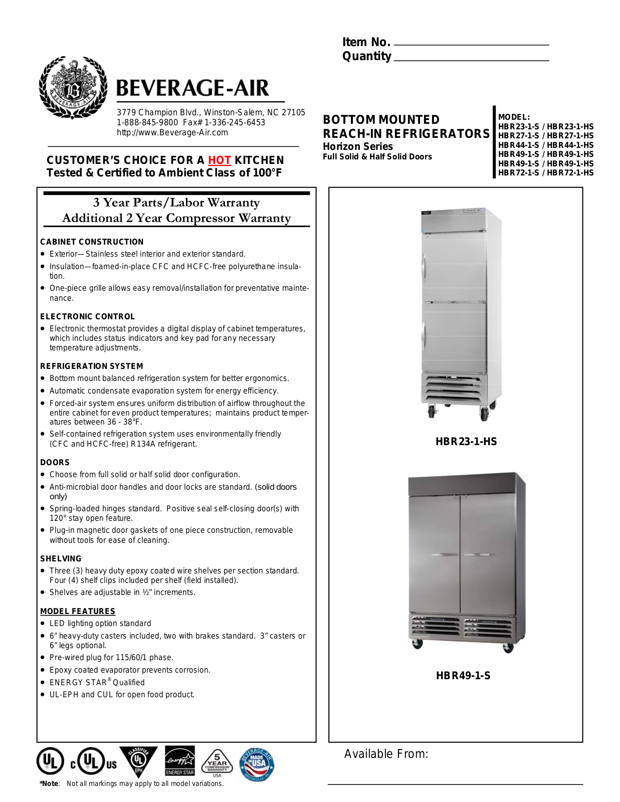 Beverage-Air HBR271HS, HBR231HS, HBR721HS, HBR441HS Specifications