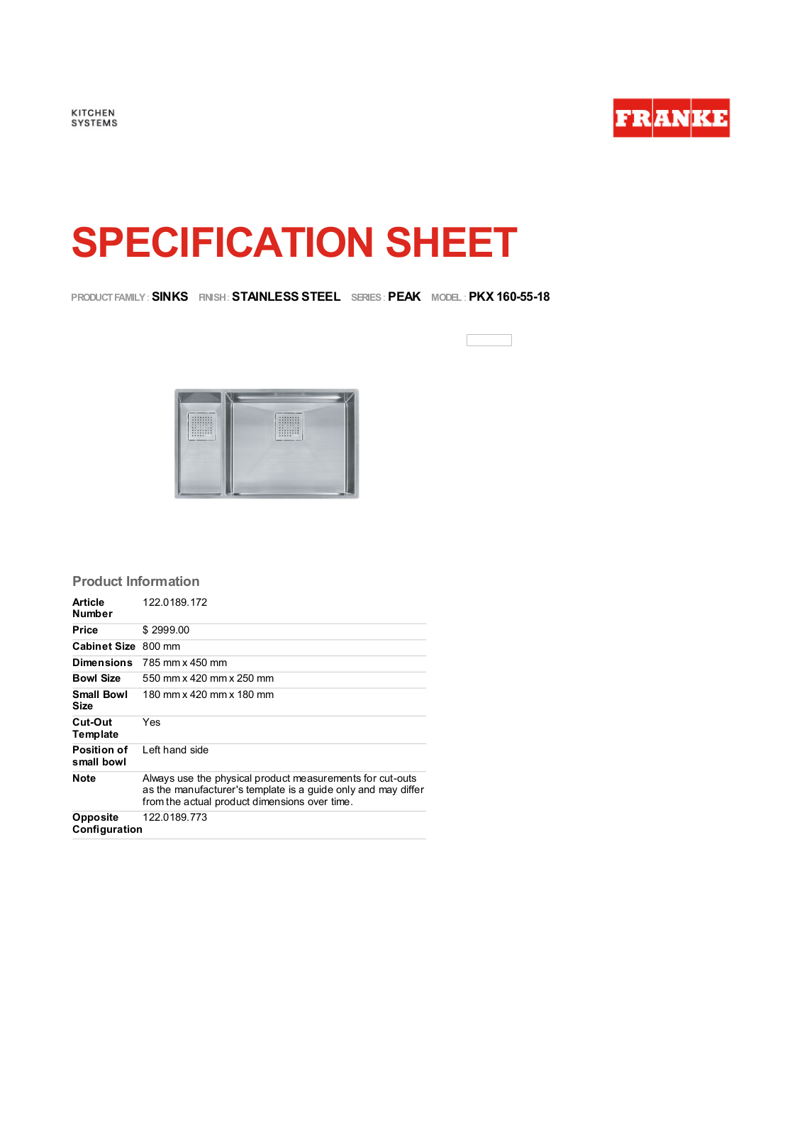 Franke Foodservice PKX 160-55-18 User Manual