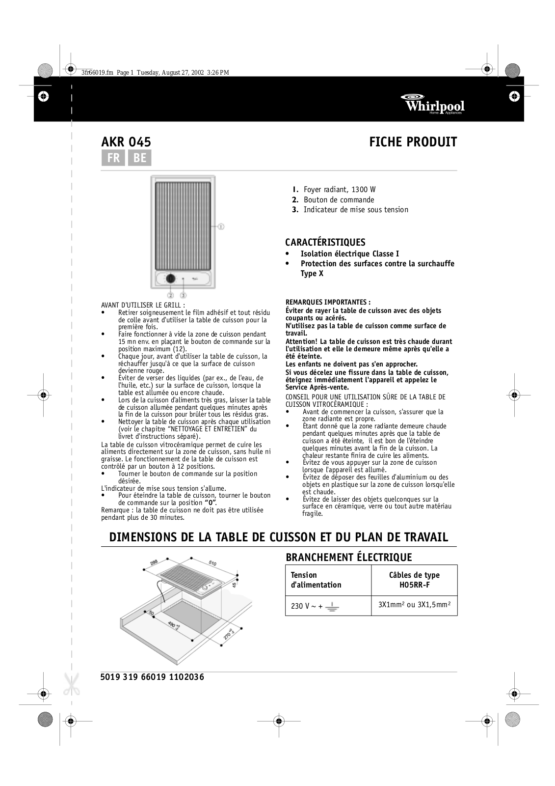 Whirlpool AKR 045 Product sheet