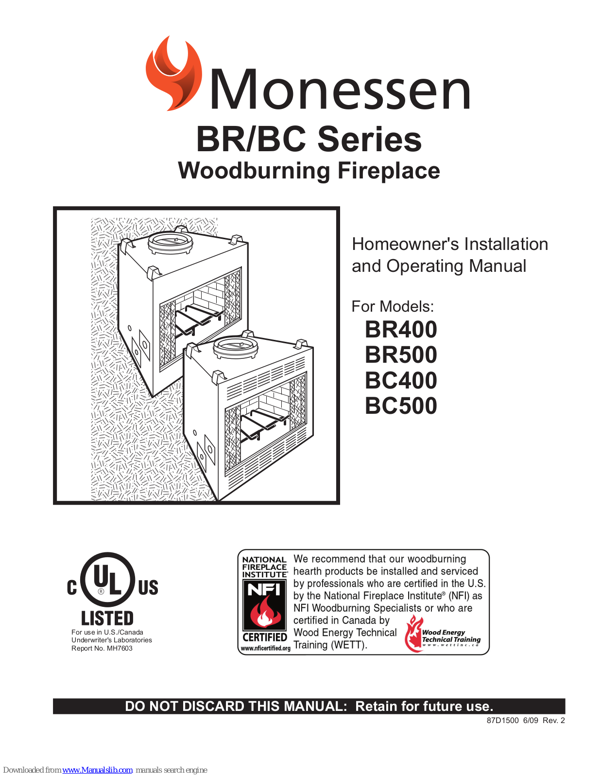 Monessen Hearth BR400, BC500, BR500, BC400 Homeowner's Installation And Operating Manual