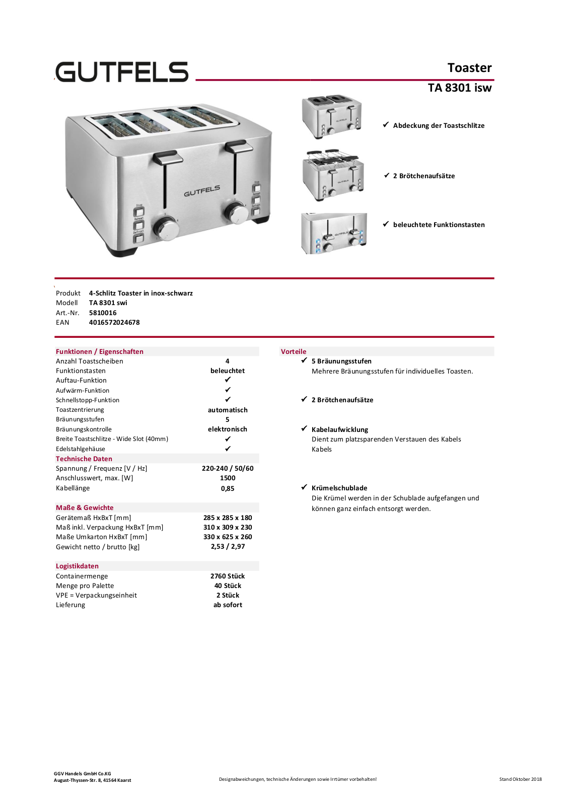 Gutfels TA 8301 isw Technical data