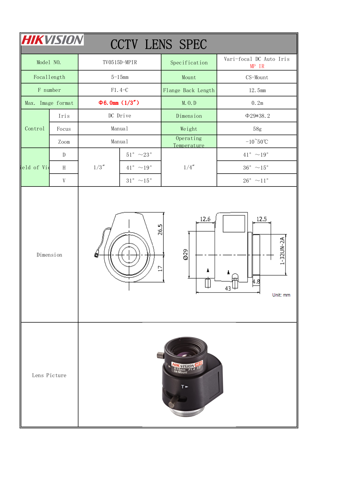 Hikvision TV0515D-MPIR Specsheet