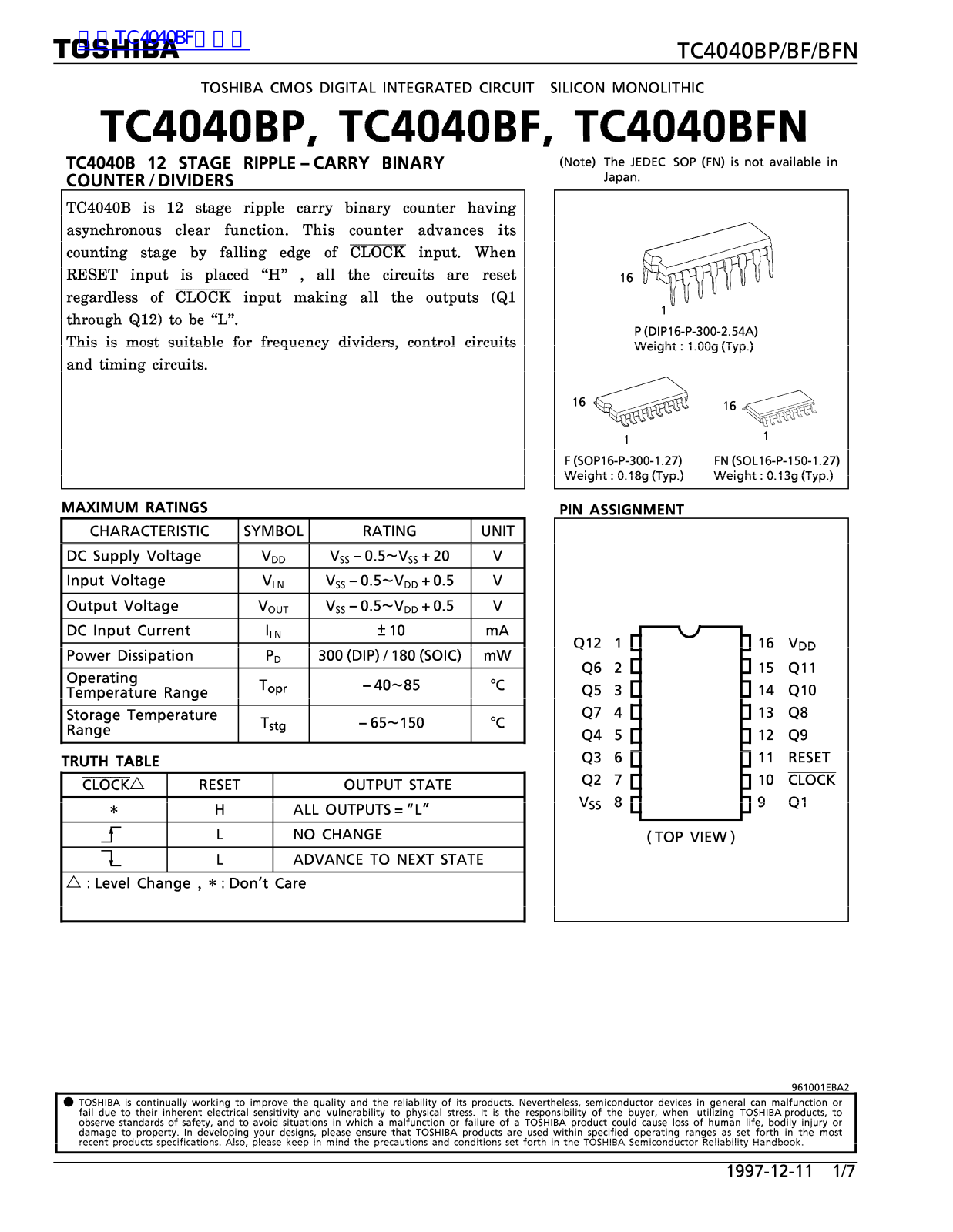 TOSHIBA TC4040BP, TC4040BF, TC4040BFN Technical data