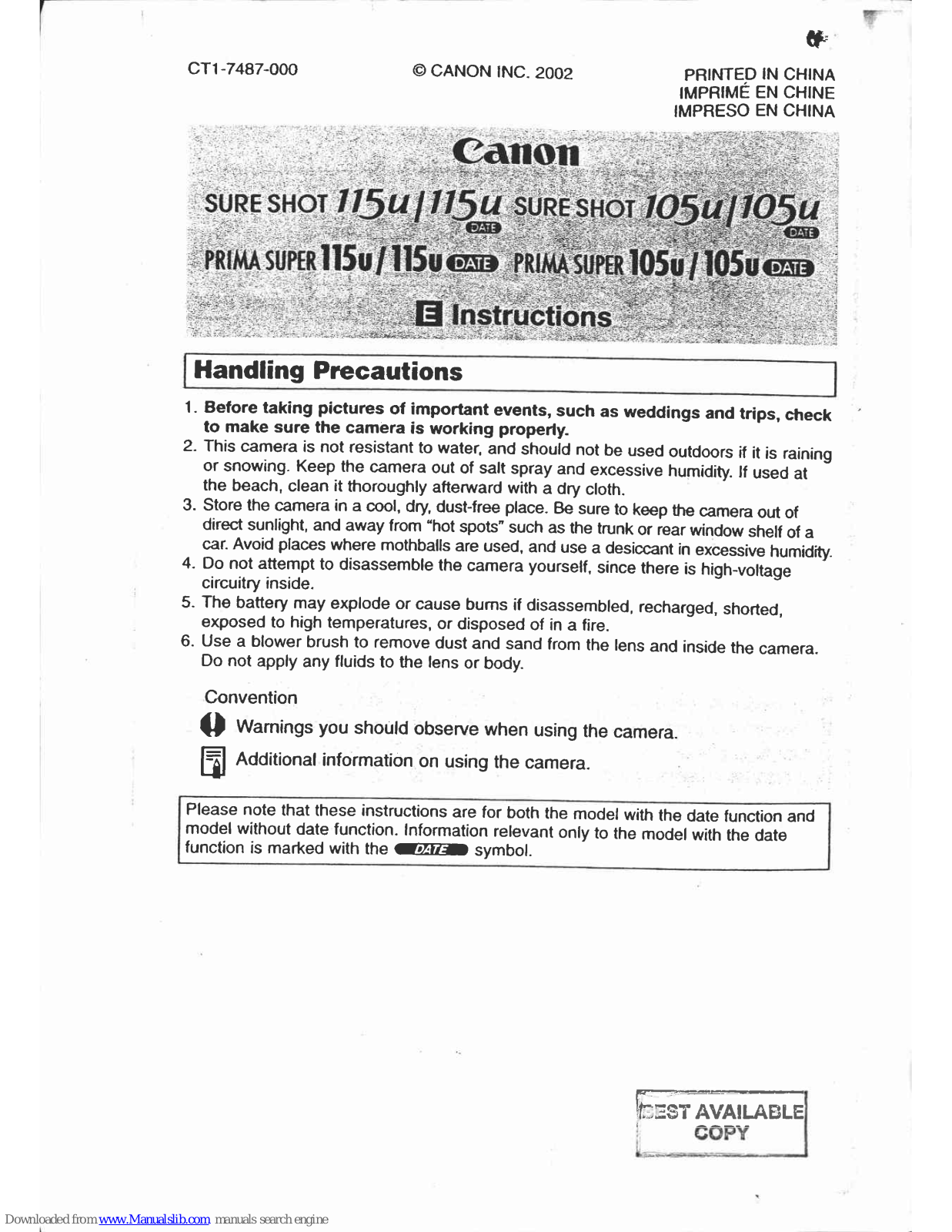 Canon Prima Super 115U, Sure Shot 105 u date, Prima Super 115U Date, Prima Super 105U, Prima Super 105U Date Instructions Manual