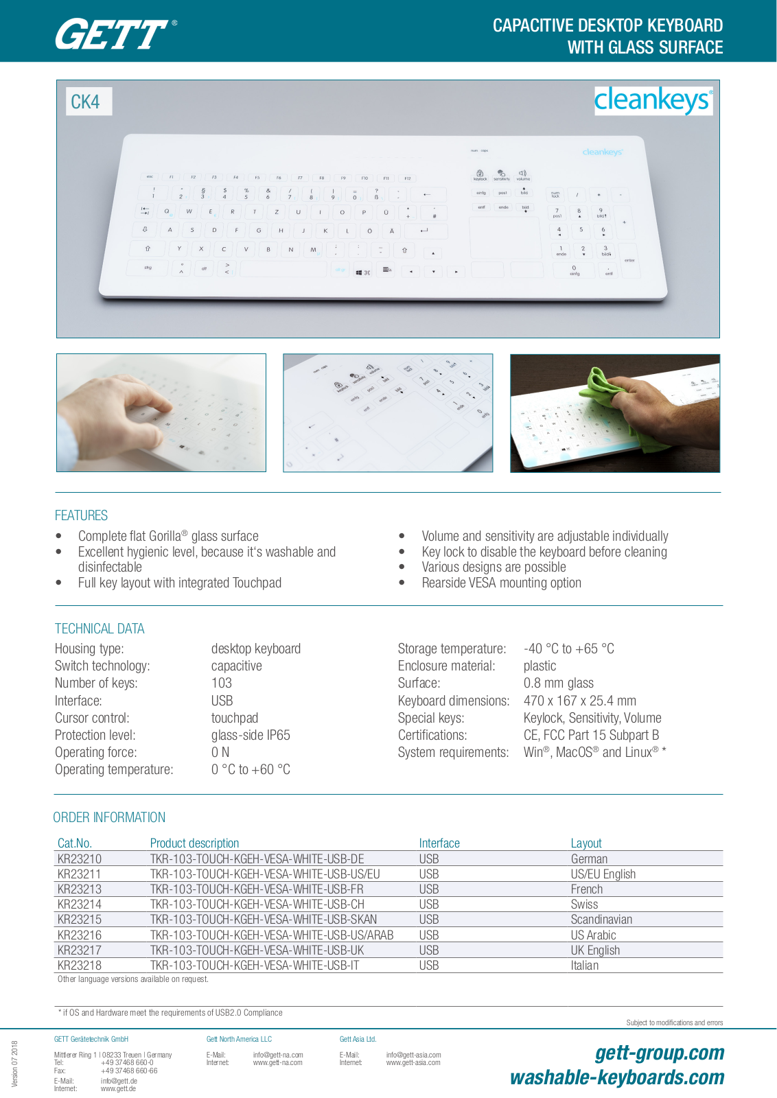 GETT TKR-103-TOUCH-KGEH-VESA-WHITE-USB User Manual