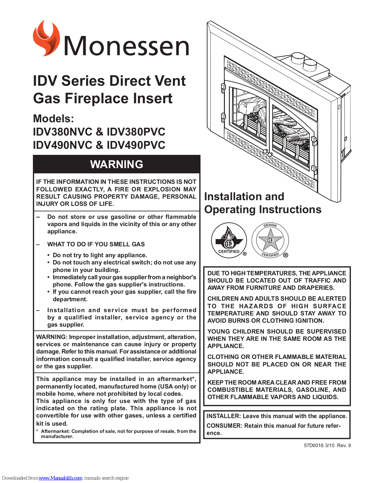 Monessen Hearth IDV  IDV380NVC, IDV  IDV380PVC, IDV  IDV490NVC, IDV  IDV490PVC, iDV380NVC Installation And Operating Instructions Manual