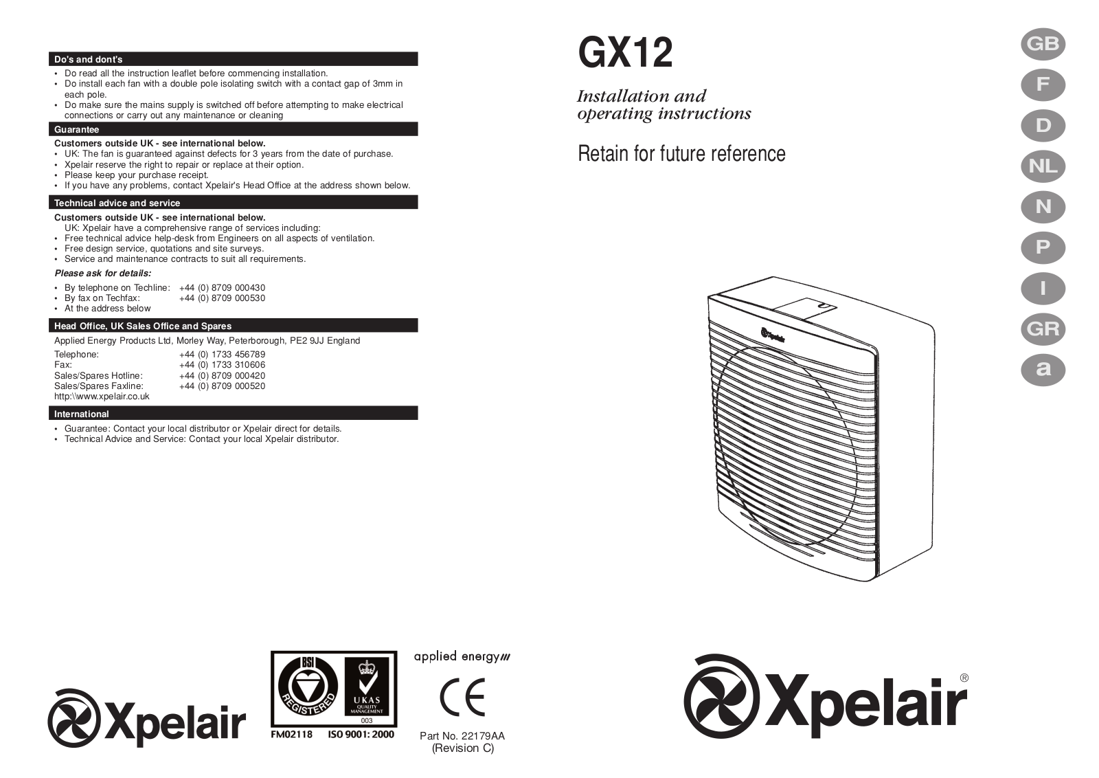 Xpelair GX12 Installation Instructions