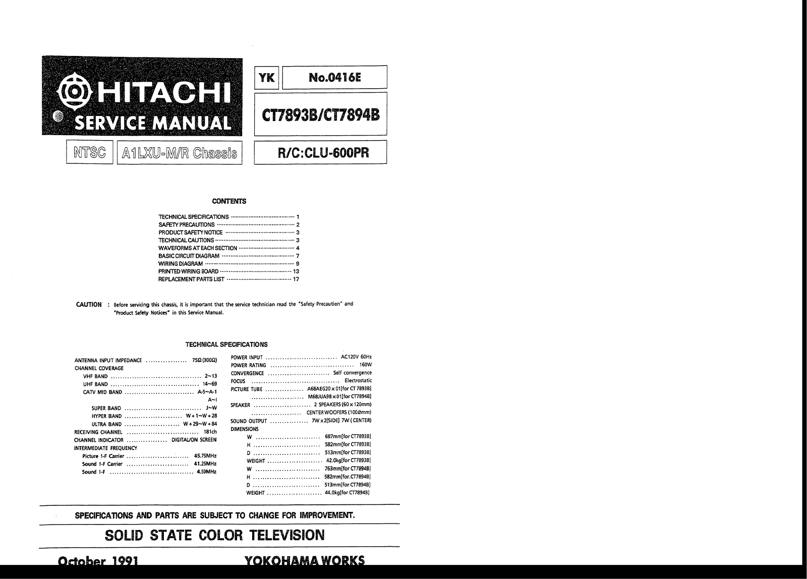 HITACHI CT7893B Service Manual