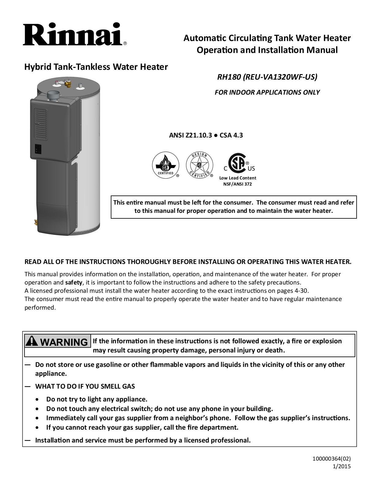 Rinnai RH180 Installation Manual