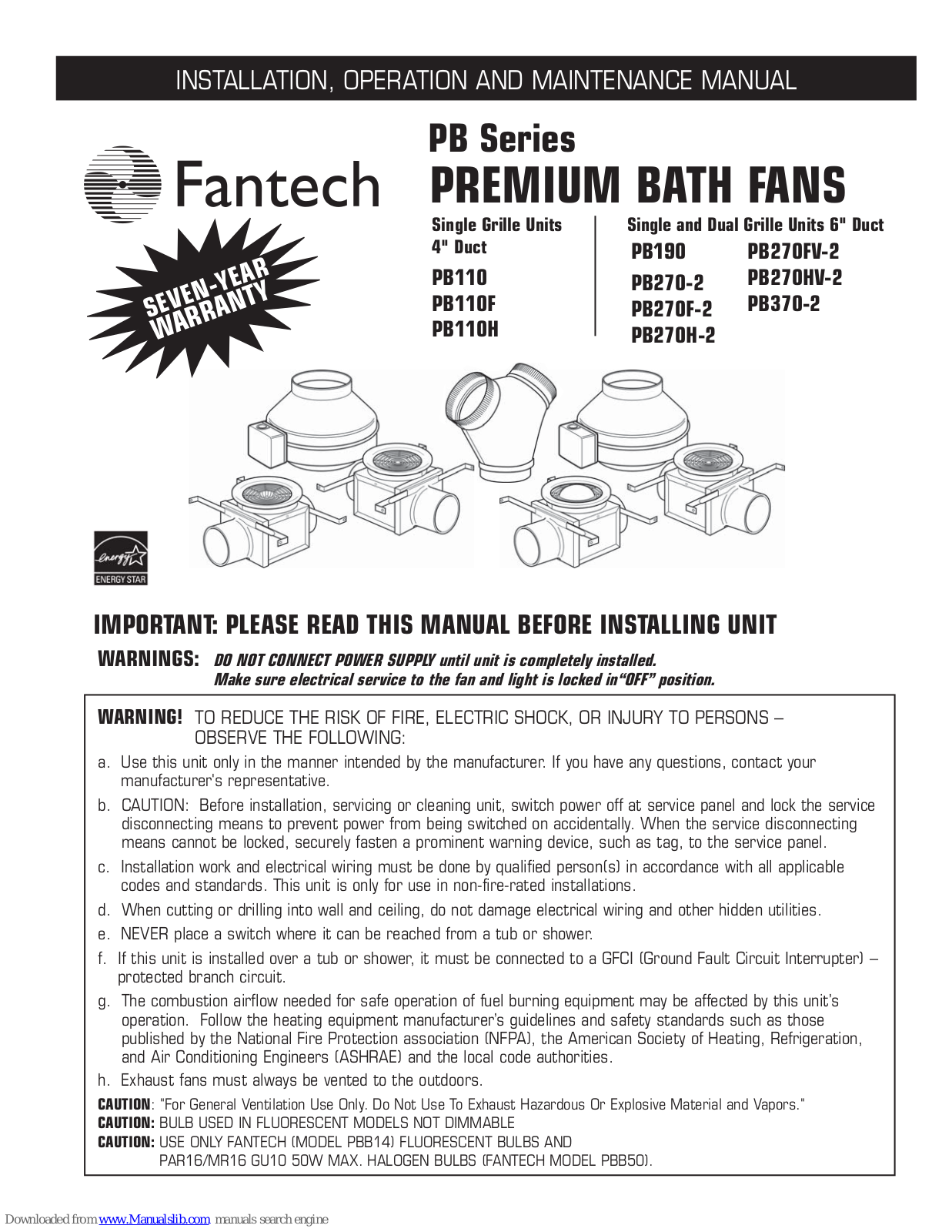 Fantech PB110, PB190, PB270-2, PB110H, PB270F-2 Installation, Operation And Maintenance Manual