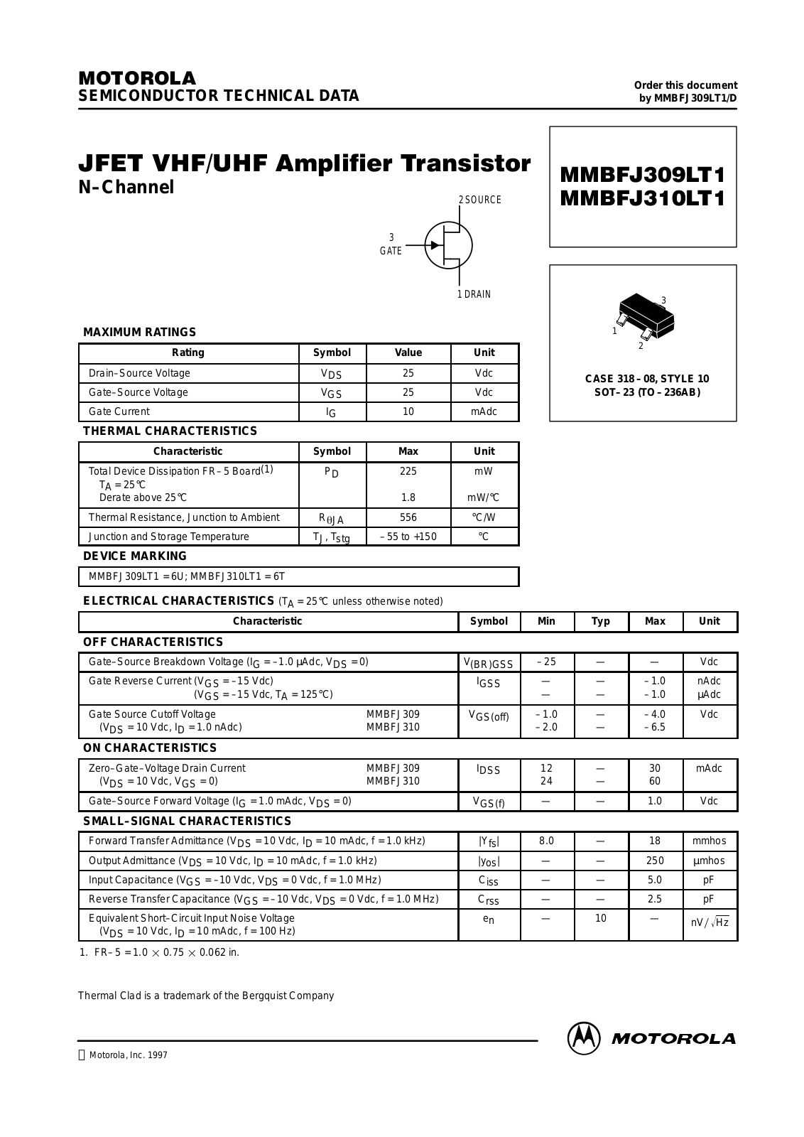 MOTOROLA MMBFJ310LT3 Datasheet